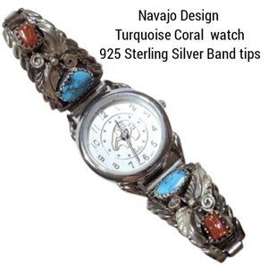 Navajo Southwest Real Turquoise Coral 925 Sterling Silver Watch